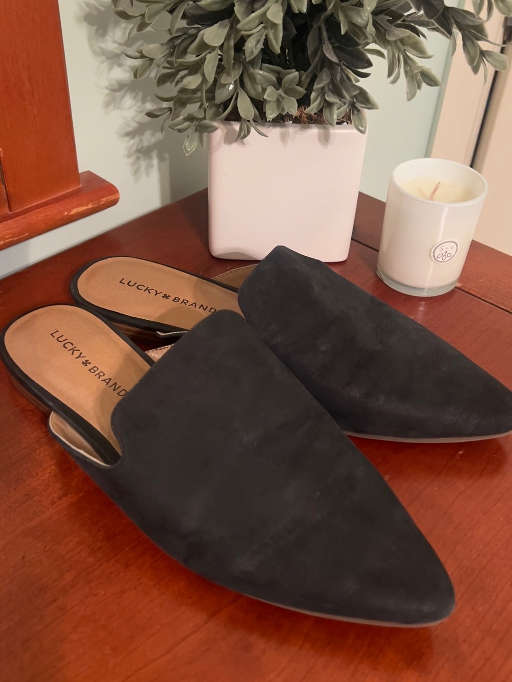 Lucky Brand Black Pointed-Toe Slip-On Mules
